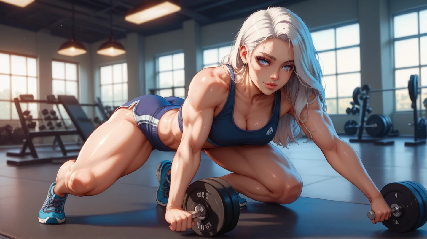 (Eine detaillierte Zeichnung von yor forger , female Bodybuilding , bodybuilding gym.), shirtless, barefoot, Nackedei