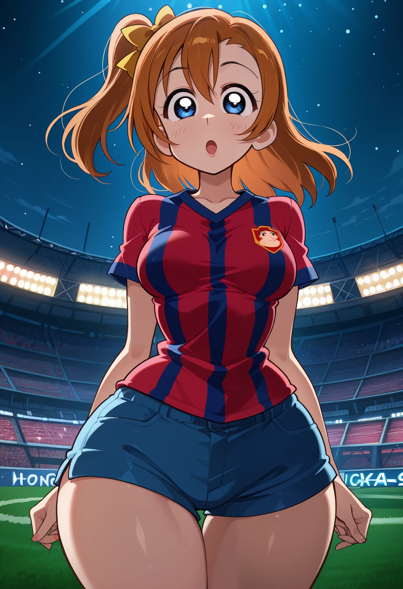 ((masterpiece)), nami \(one piece\), orange_hair, big_breasts, (jersey with number 6), soccer_cleats, over-kneehighs, NamiFinal, blue shorts, long hair, midriff, booty shorts, large_breasts