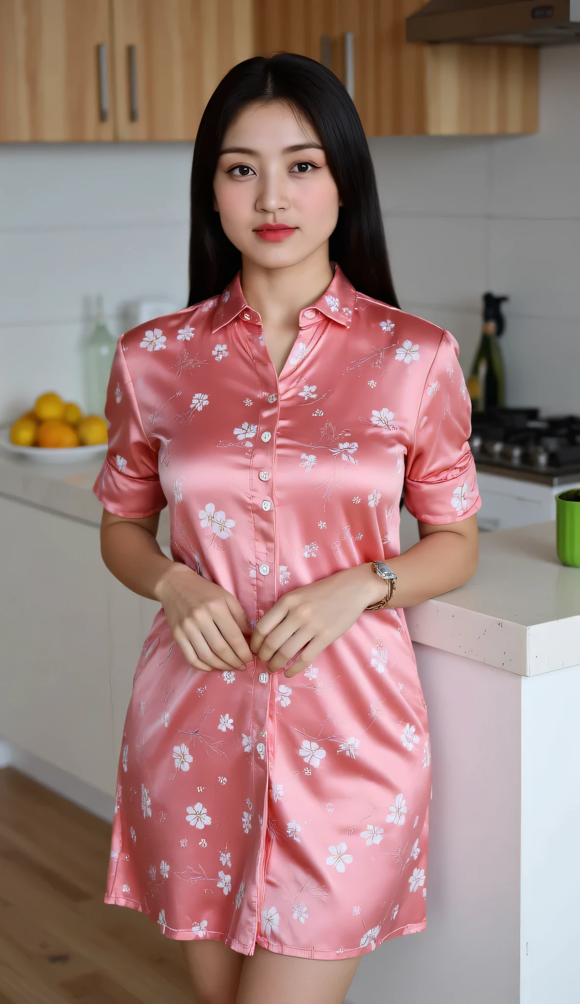 A beautiful woman, standing in the kitchen, shirt looks full body, body facing front, eyes looking at camera , used Indonesian negligee short sleeve long to toe satin material pink floral print, big , red lips, black hair,