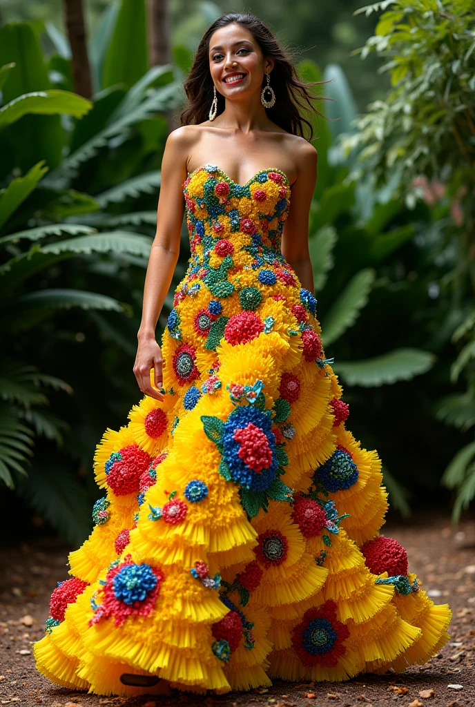 Fashion model photography, ballet dress made of big cactus leaves, big cactus leaves in various shapes and colors, strong sense of design, medium shot, african girl, short hair, hair accessories, delicate skin, smiling, wide background desert, high texture, natural light