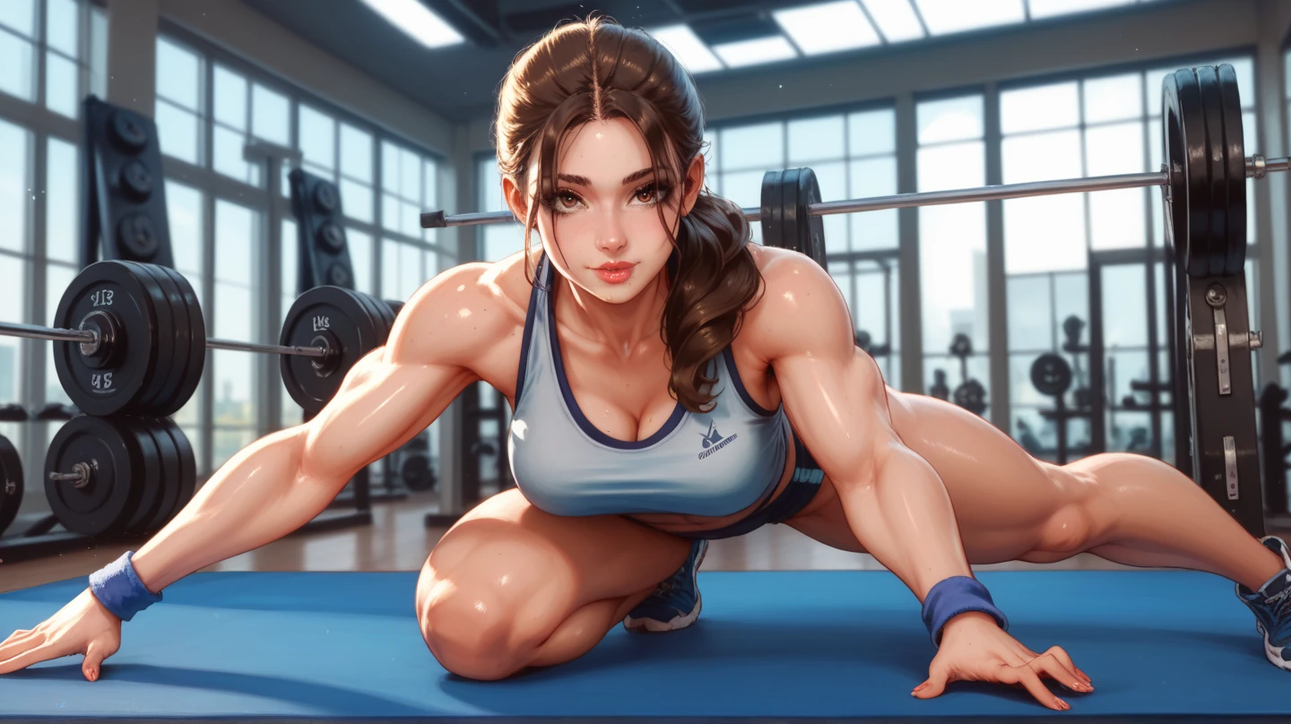 Sporty girl, 25 years old, beautiful body, in a gym, realistic photo for commercial tv,