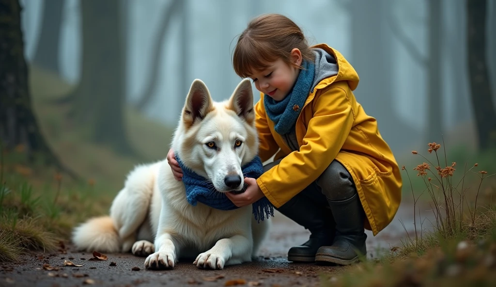 Make a picture of a Samoyed on a child's lap with happy expression