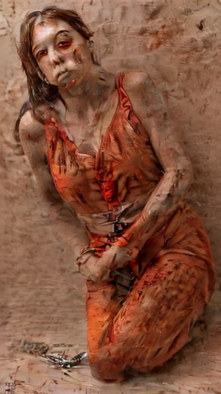 A naked woman tied-up chains in a puddle of bloody water, in the middle of the desert, hands and feet bound in chains, her body covered in bandages, full of wounds, sensual body, big breasts, open legs showing pussy, wet pussy, sensual body, big breasts, short wavy hair, tied with a bandage, being in the desert, desert background, very realistic, very realistic, highres, 4k, HDR, 1girl, photorealistic, realistic,
