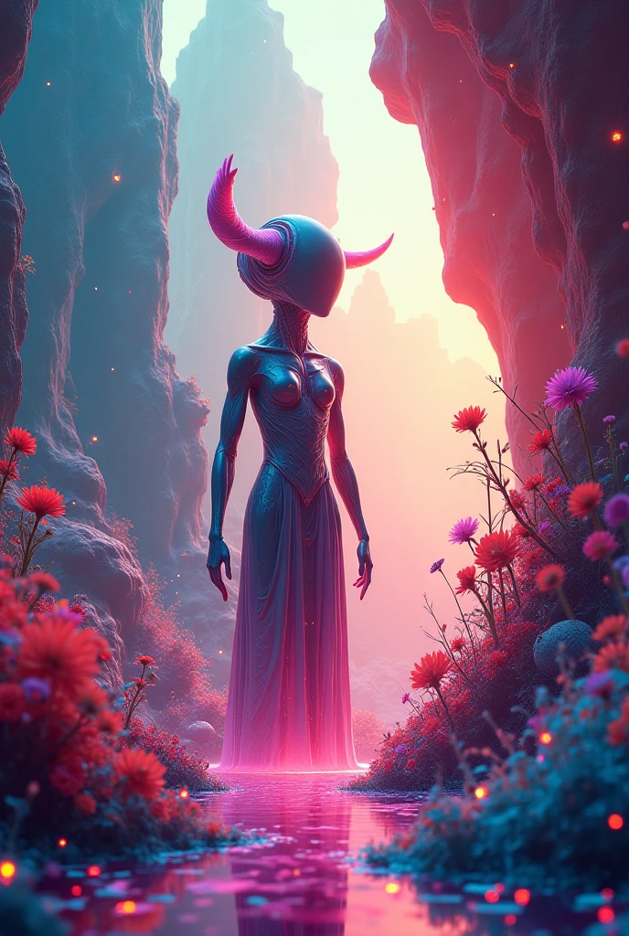 beautiful 23yr old female  in profile,in a glowing blue corseted dress,holding a bouquet of wildflowers,walking through a field of wildflowers,noon,(xenomorph with tail:1.5),clean lines,