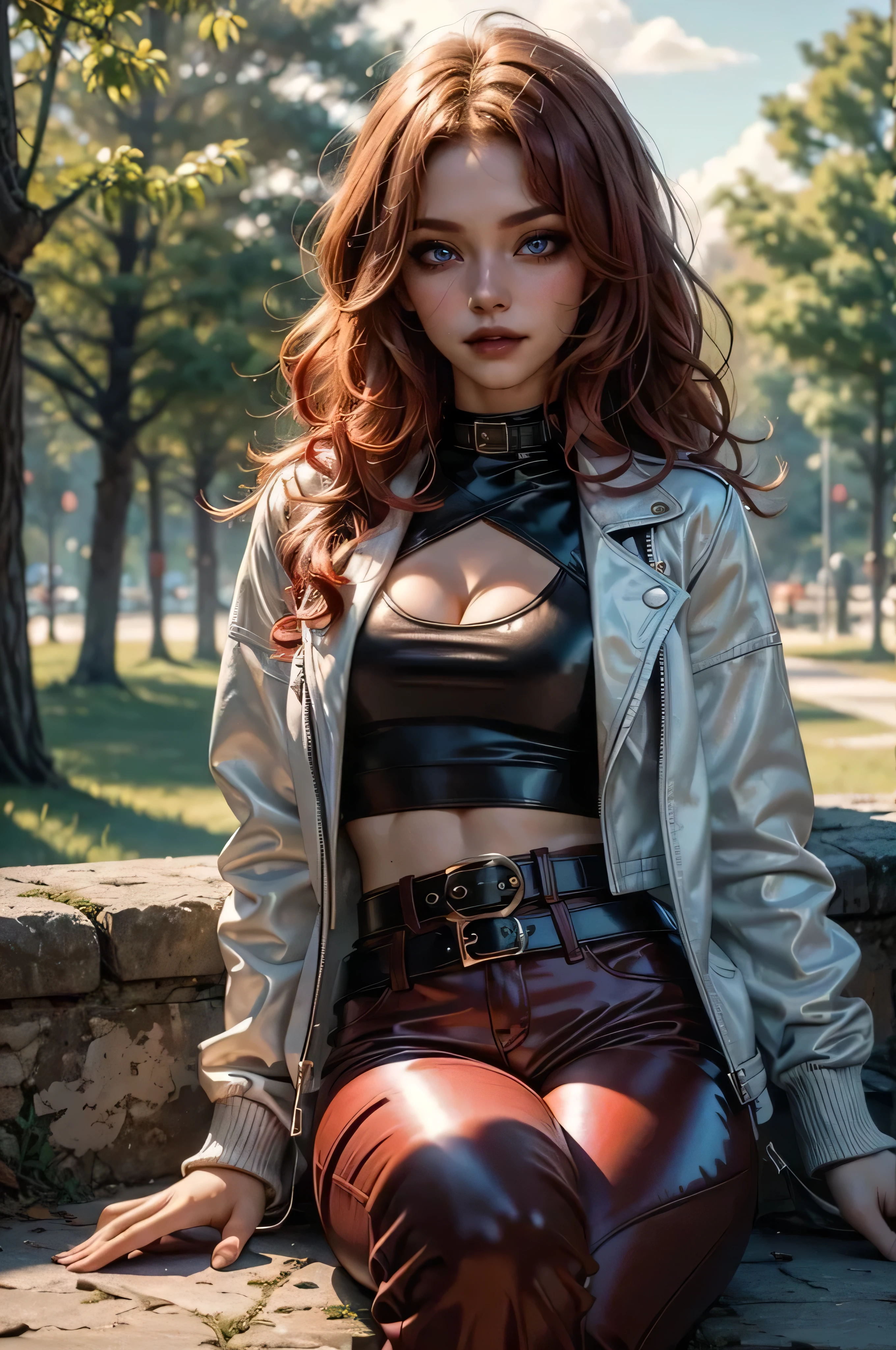 lora_Emma, jinx, perfecteyes eyes, young woman, cute girl with curly blond hair with red highlights, hair over one eye, high waist latex pants, two brown belts, navel, white t-shirt, (cleavage), (small leather jacket), black collar, dark eyeliner, red lipstick, makeup, portrait, photorealistic, detailed facial features, natural expression, sitting pose, park environment, sunlight, warm tones, soft focus, cinematic lighting, digital painting, colorful, vibrant colors, high resolution, 8K, masterpiece