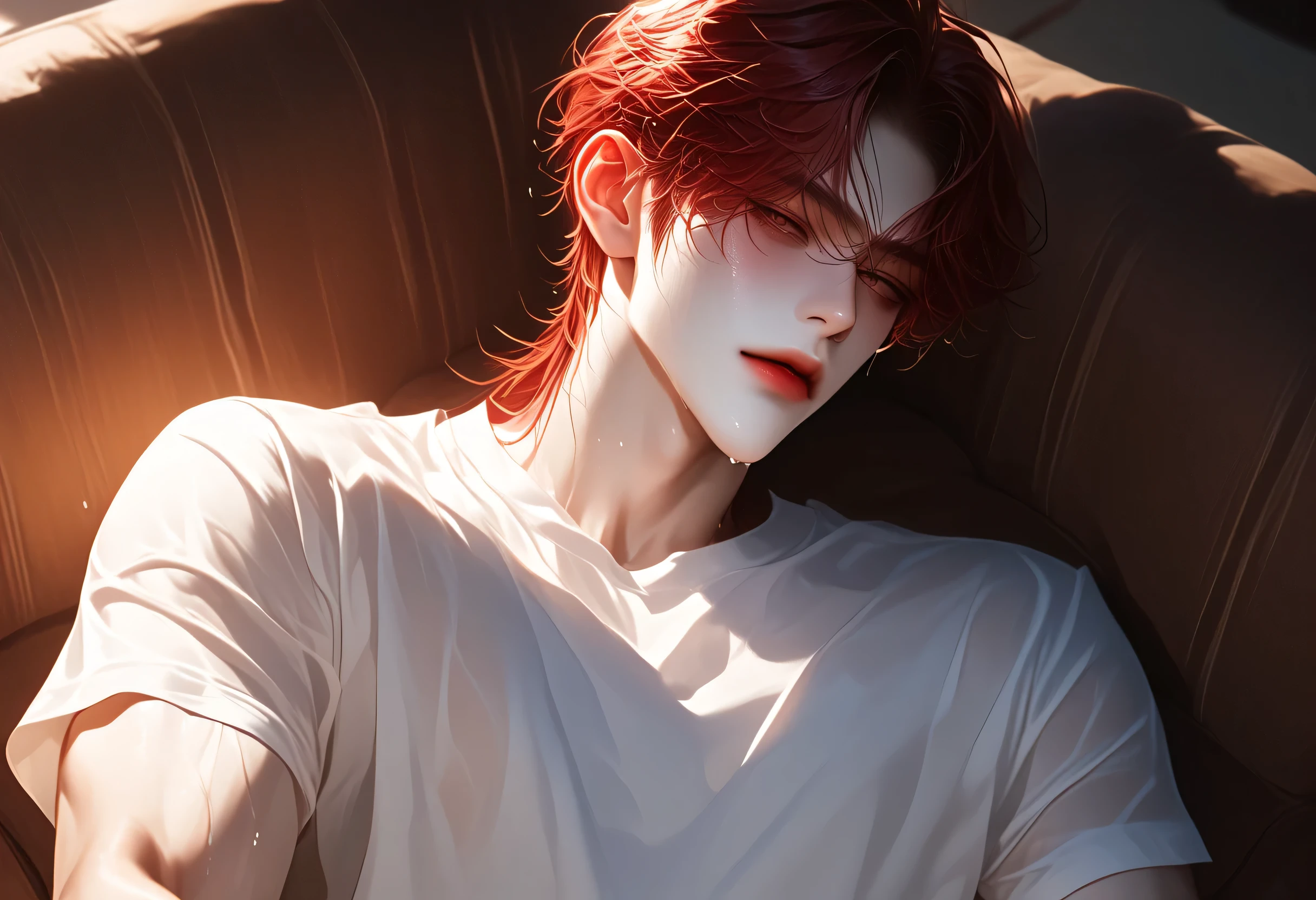 The Bad, dark red hair, From the room , in bed,healthy, Sitting on a chair or sofa,Head perspective ,look up, Korean comic style , Young and energetic, Good Condition , is very handsome脸瓜子脸,White T-shirt, White Skin, wet hairstyle , Charming Eyes , is very handsome