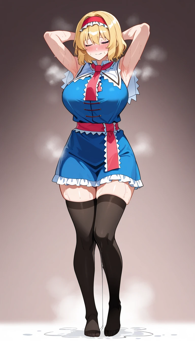 full body standing straight symmetrical, huge boob, cowboy shot, solo, 1MILF, mmplatz, smile, looking at viewer, hands on hips, twintails, twin drills, dress, blue pantyhose, striped pantyhose, Handcuffs on their hands, With a collar around the neck
