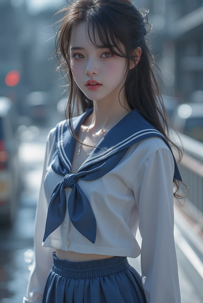 play sports often, ponytail、(sailor suit:1.6)、No panties, (Cyberpunk settings: 1.2), compensate,, (1 girl: 1.4), highest quality, masterpiece, (reality: 1.2), young woman, lady, detailed face, fine eyes,(black hair)、fine hair, fine skin, looking at the viewer, dramatic, vibrant, sharp focus, 50mm, f1.2, EOS R8, (3/4 body: 1.2), (Inside the train in the background: 1.6), (highest qualityの詳細: 1.2), 8K HD,(spread legs:1.4)