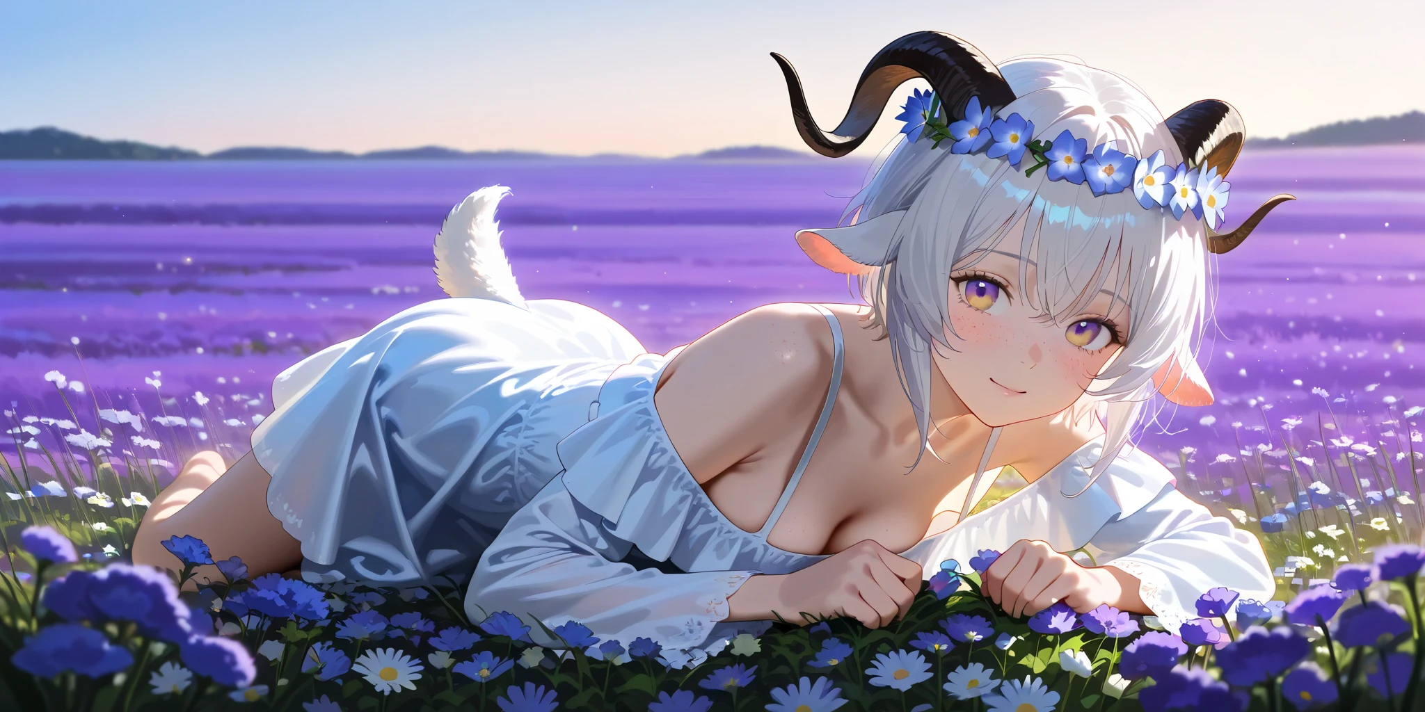 (High CT quality,4k,High resolution,mainpiece:2.1),(Very detailed,Realistic:1.37,Best quality,masterpiece, high resolution,on_body), (Tyndall effect,photorealistic, Edge lighting, Two-color lighting),(high definition skin:2.1), (8K UHD, DSLR quality, soft lighting, high quality, surround lighting, sincere, de 8K , 4K, 8K.) A village goat girl. white short goat horns grow on her head,little goat tail and fluffy goat ears. she has white skin covered with blush and freckles. She has short curly white hair and a bob haircut. She has yellow-purple eyes. She is wearing a white sundress with an open neckline and breeches with long airy sleeves. She has a wreath of dandelions and daisies on her head. Background : blue sky,a sunny day, in an endless field where many wildflowers such as dandelions, daisies, lavender, bluebells and cornflowers bloom.