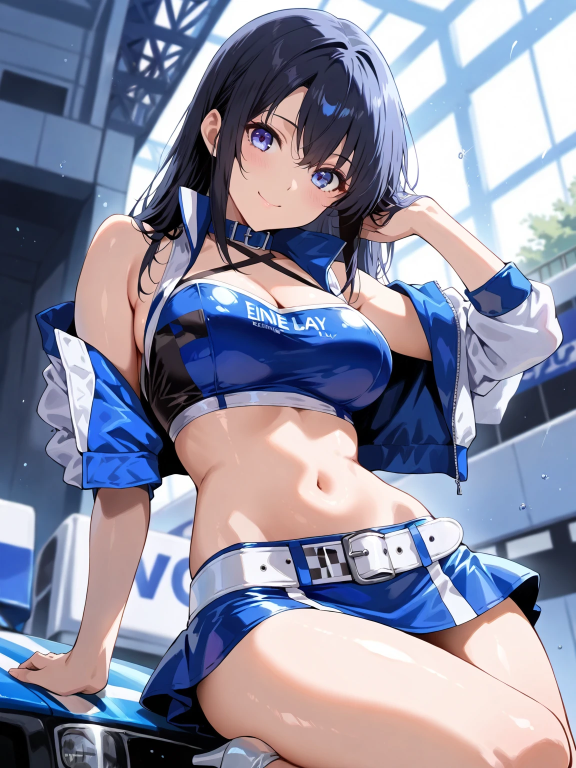 long hair, mole under mouth, purple hair, single braid, hair between eyes, aqua eyes, sharp teeth, ahoge, blush, smile, cowboy shot, baltimorerace, 1girl,solo,large breasts, car,sitting, sitting on car, outdoors,white headwear