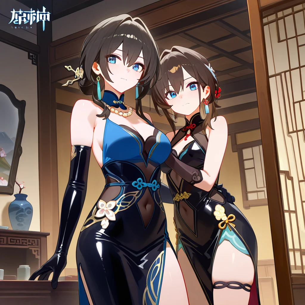 top-quality 8K 1 person 30 generations of beauty Fantastical Brown hair Medium bob Delighted (Bewitching laughter Shyness:1.5) Glamour (Tight, Peach-like breasts), Ass like a peach ((White garter belt stockings:1.0)) (Blue qipao dress embroidered with flowers Deep slit Sleeveless:1.0) cleavage of the breast (squat with legs open:1.5) Chinese-style rooms View from the front
