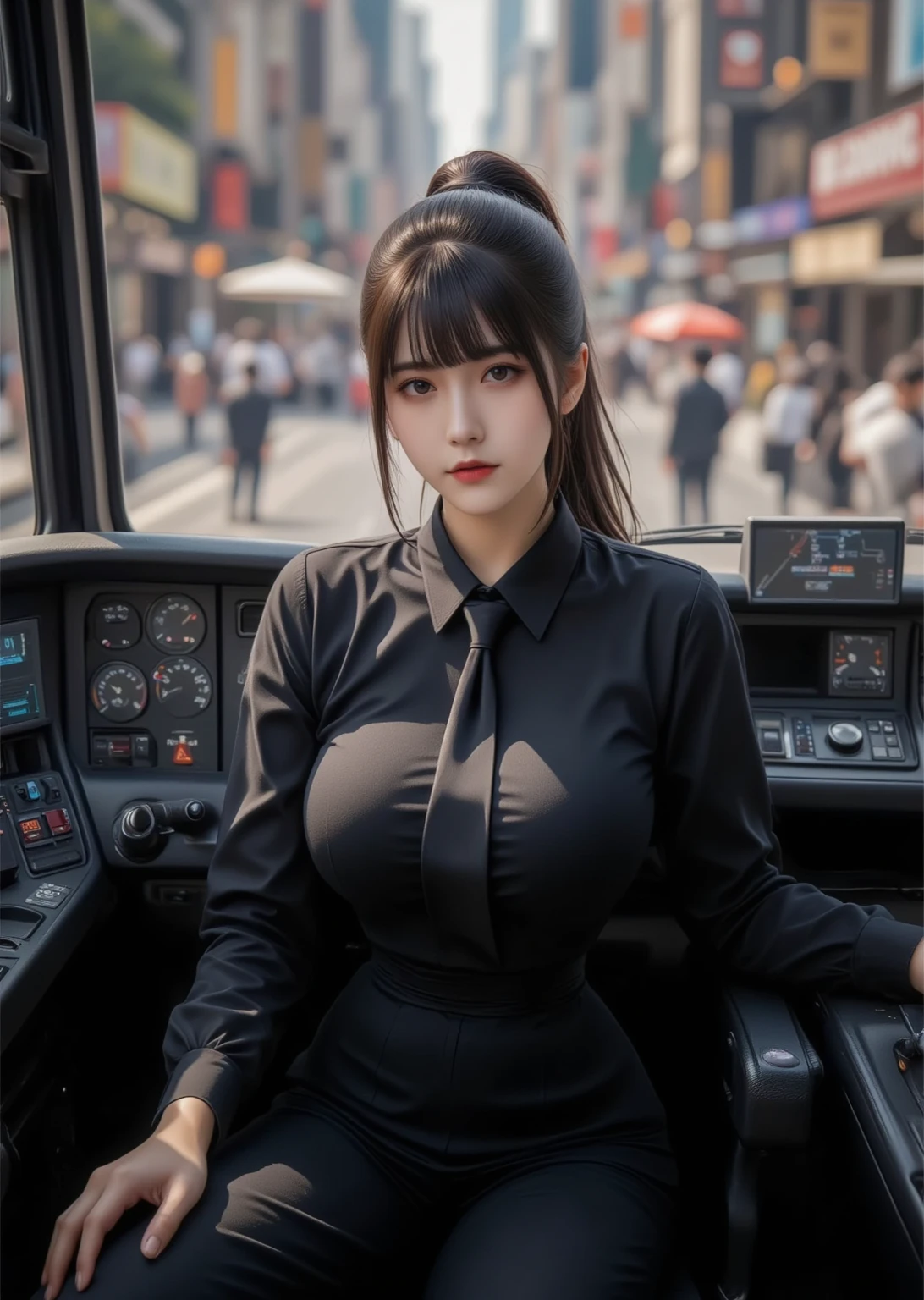 1 beautiful woman, dressed in sexy clothes, big body, big cheeks, painted eyelids, formal black jacket, white shirt, eyes closed, mouth open drooling, long eyelashes, face made up, sleeping with her mouth open, sleeping sitting on the Back seat of the bus, hair tied in a ponytail, black bag, head up with open mouth resting on the back, hands resting on thighs.