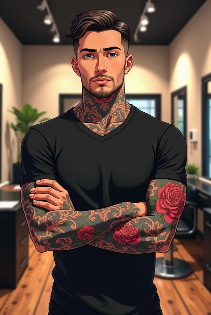 AI design High quality imvu drawing a young muscular man with beard small thin with tattoo “ruy” and other tattoo background room