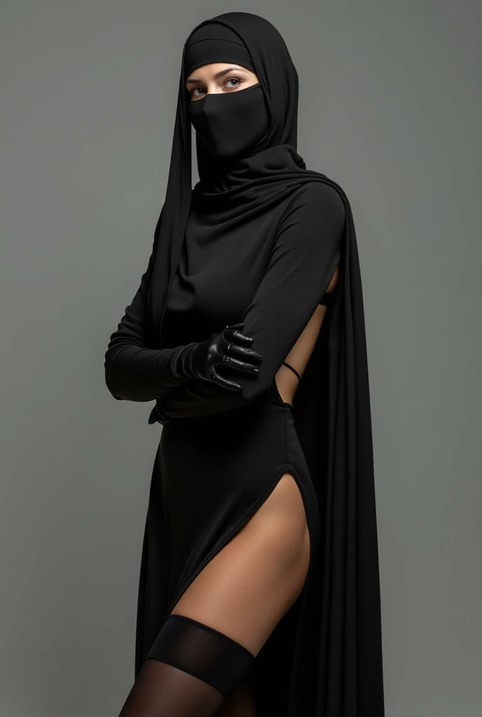 slim woman with big breasts wearing tight jilbab and gloves and niqab
