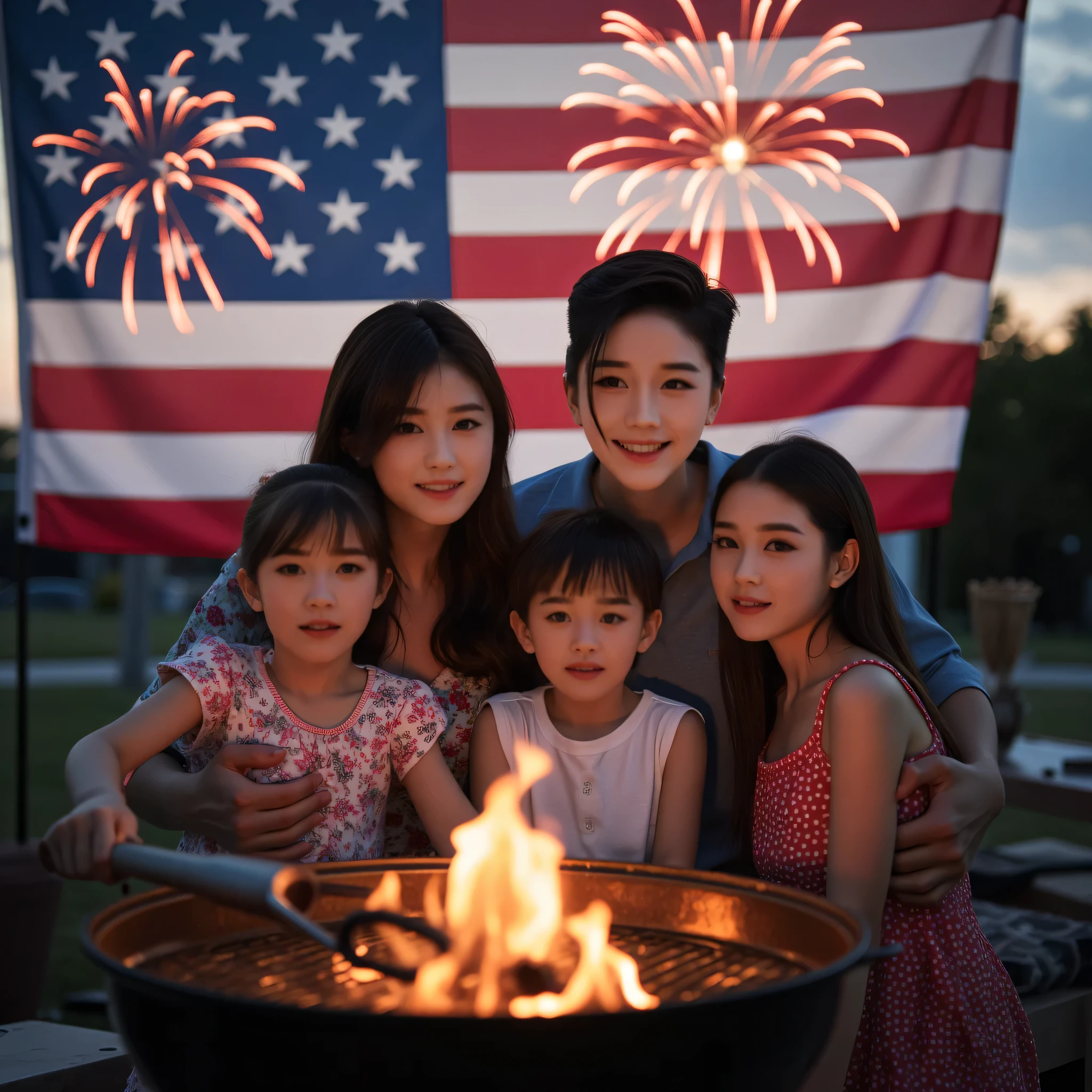 american celebrate independence day, detailed portrait of smiling family, american flag background, fireworks in sky, barbecue grill, red white blue decorations, 4K, highly detailed, photorealistic, dramatic lighting, cinematic, concept art style