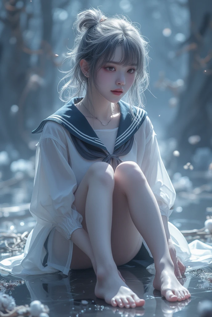(masterpiece), (highest quality), (official art, very detailed CG Unity 8k 壁紙), (very detailed), ((disorganized)), 1 girl, mid shot, (exquisite features),(serafuku:1.3) ((software)),((clean hands)), ((white thighhighs without shoes)),aqua eye, color contact lenses, stars in the eyes, (((colorful bubble))), Colorful Glass, (album cover)