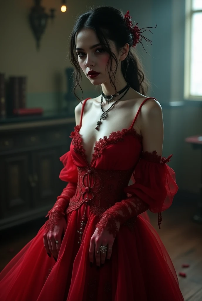 A little devil girl, beautiful detailed eyes, beautiful detailed lips, extremely detailed face and features, long eyelashes, porcelain skin, figure, horns, devilish expression, mischievous smile, black and red dress, lace trim, torn fishnets, detailed textures, dark fantasy, dramatic lighting, cinematic, moody colors, deep shadows, brooding atmosphere