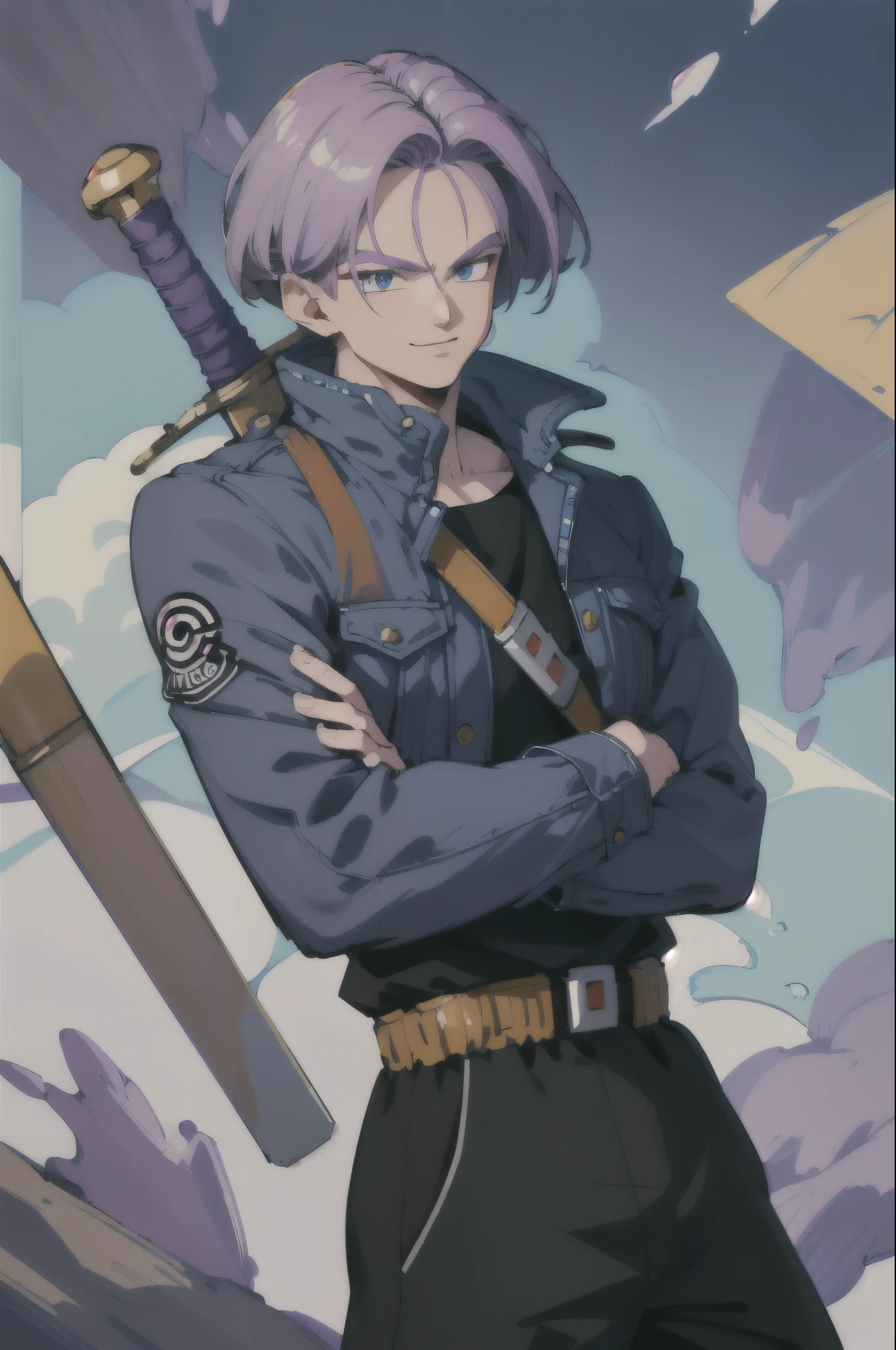 ((highest quality, Masterpiece, 4k, finely detailed, detailed eyes, Detailed face, intricate details)), ((Alone )), male focus, 1 , Swimsuit \(Dragon Ball\), smiling, Mouth closed, looking at the spectator, crossed arms, purple hair, blue eyes, jacket, shirt, pants, sword
