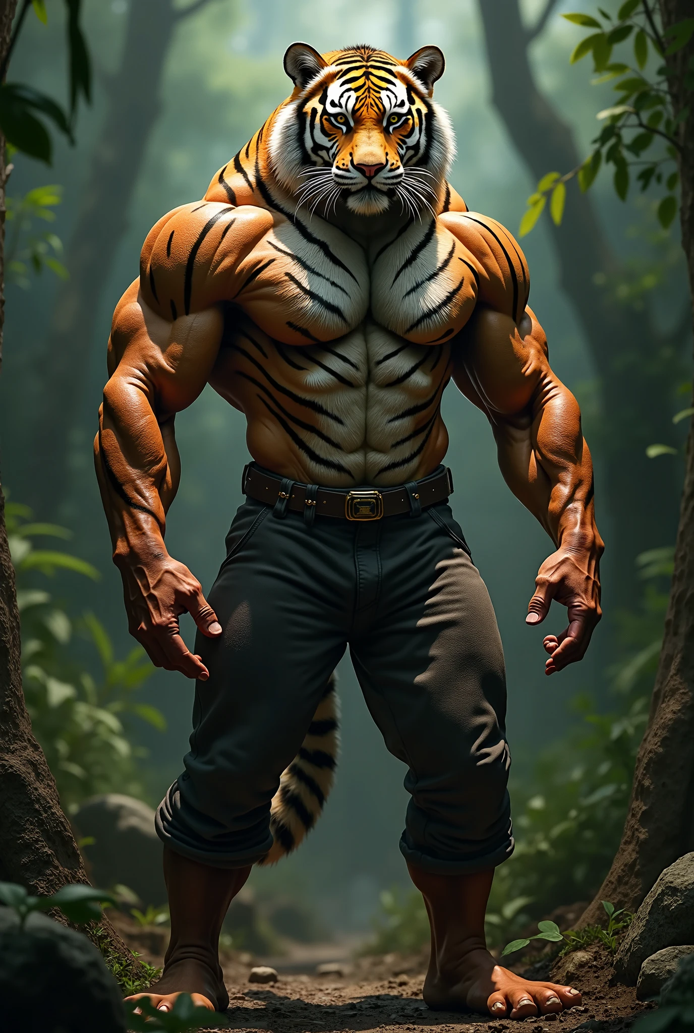 a muscular male furry tiger man, skinny, athletic, wearing leather fingerless gauntlets, long braided dreadlocks, scars and tattoos, tattered jeans, hyper detailed, 8k, photorealistic, dramatic lighting, cinematic composition, dark moody atmosphere, warm color palette has white fur on chest, is fuzzy, martial artist,