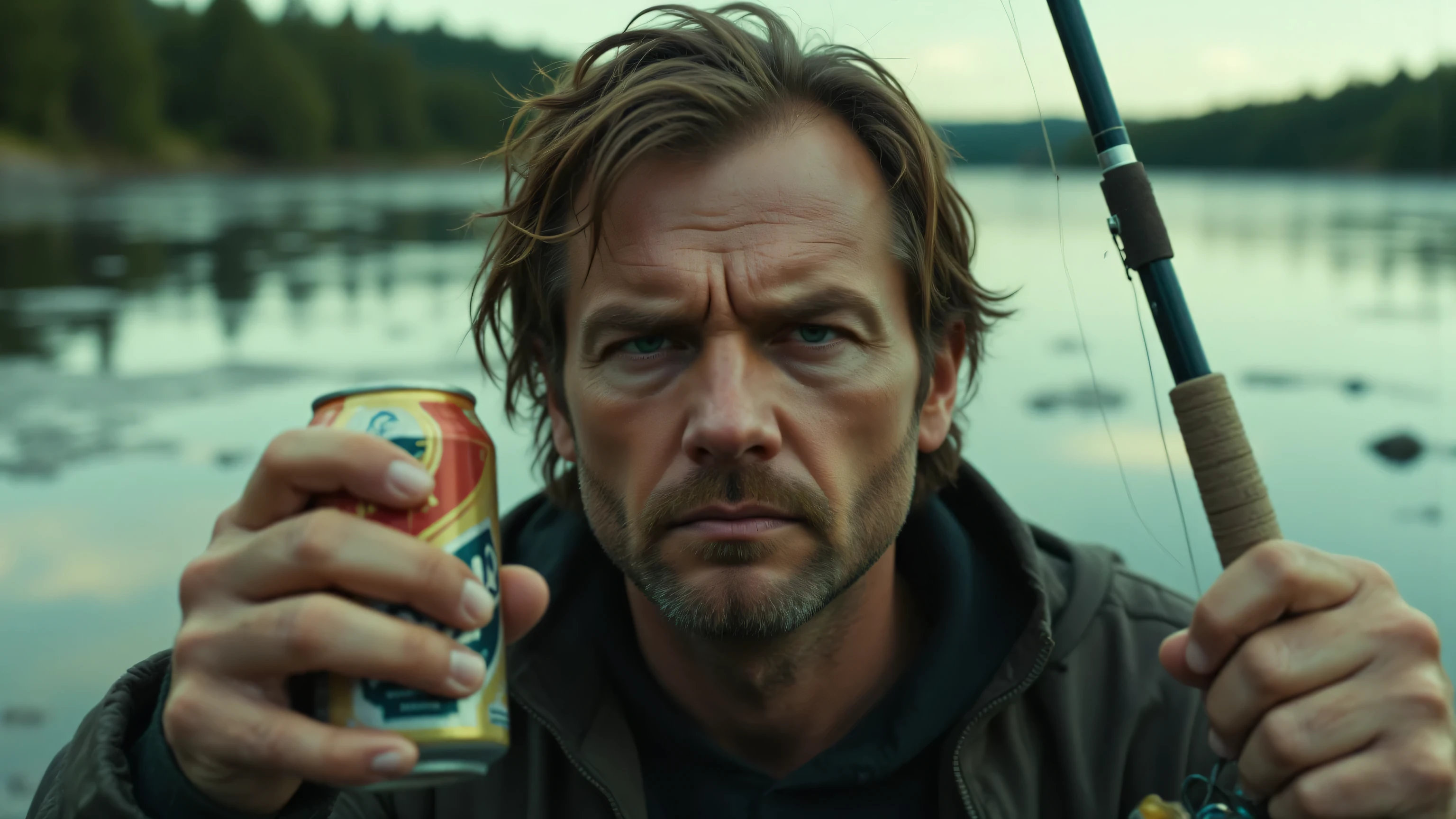 High quality, realistic photo. 4k image. A man who is tired of everything. IN ONE HAND A BEER CAN, IN THE OTHER A FISHING ROD, in the middle a large inscription is written,, POHUI,,