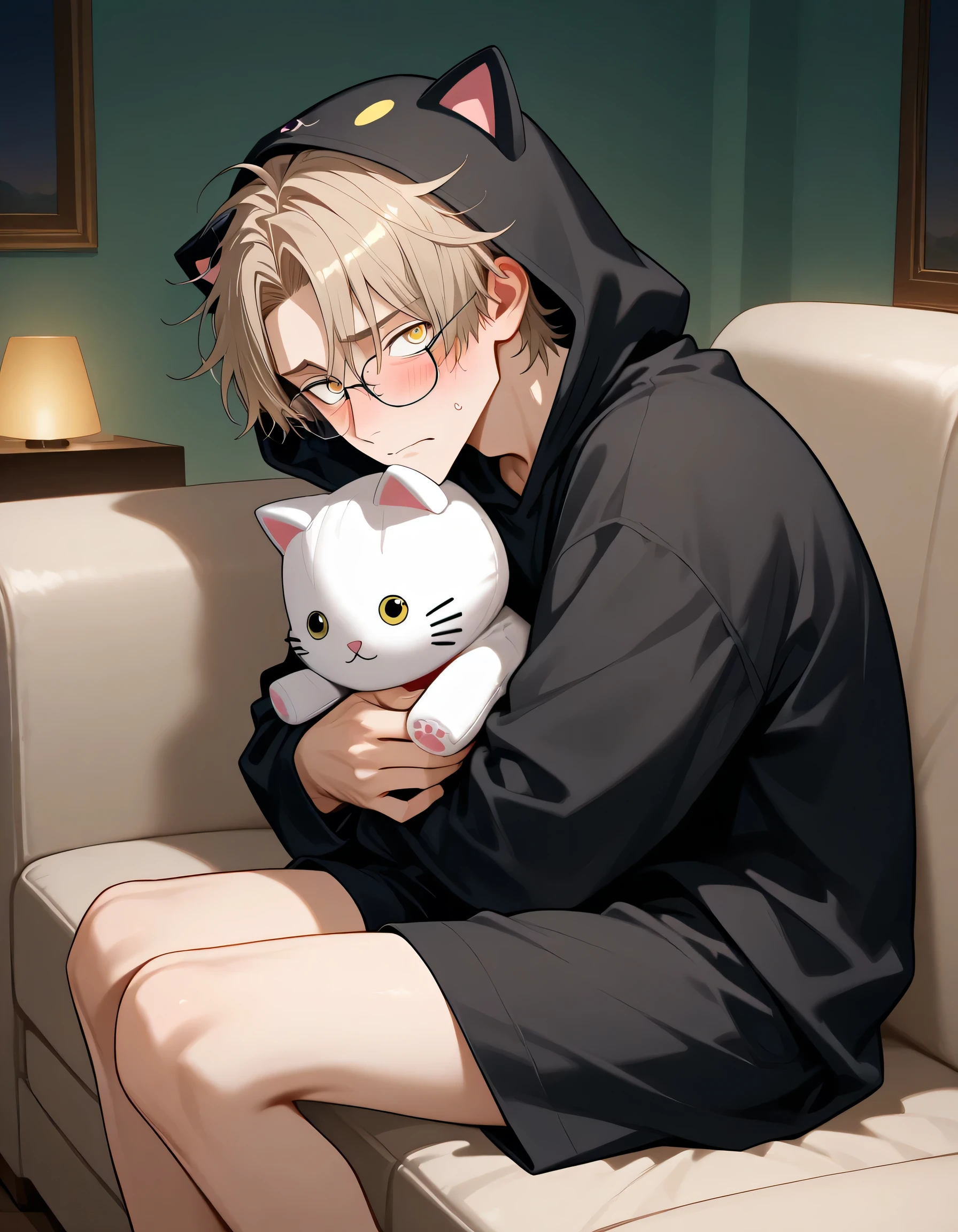 Male, adult, light brown hair, beautiful, male short hair, messy hair, certain hair, parted bangs, light yellow eyes, tall height, skinny body, detailed eyes, detailed face, detailed body, adult, detailed living room, detailed eyes, make up, evening, looking at viewer, side view, solo, black kigurumi cat hood, thin white glasses, sitting on couch, twink, detailed image, flustered, legs together, embarrassed, hands hugging plush cat toy, embarrassed