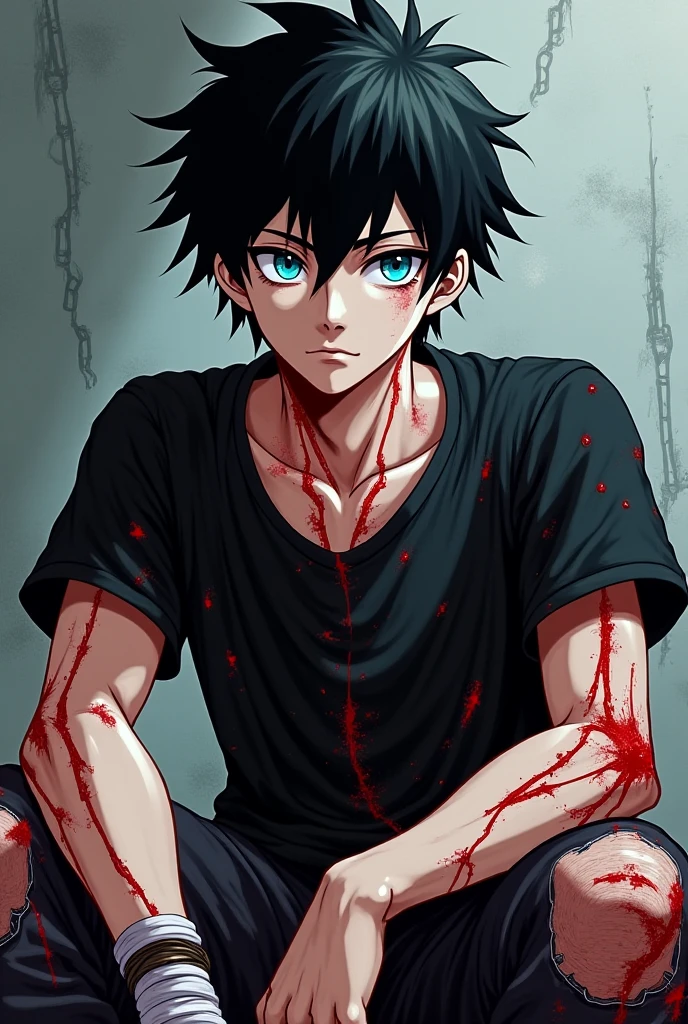 Ecchi anime style, 1 chico, man, black hair, disheveled hair, blue eyes, Dull eyes, Dead eyes, carefree look, pose sexy, defined body, white sweatshirt, blood stains, shadows,