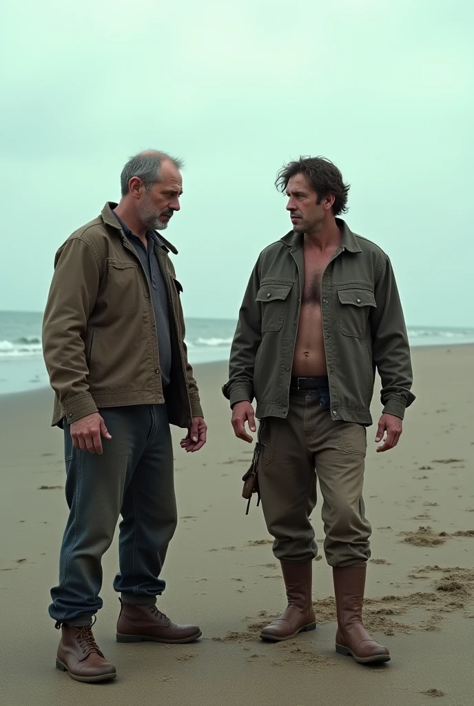 all, giant, middle-aged man wearing small shorts, um com regata branca e outro sem camisa, looking at a smaller man in the forest, photography and cinematic style, epiCRealism, (masterpiece), (best quality), high resolution, thin body, photographic texture, film effect , body texture, high sharpness, very hairy body. Inspirando-se na fotografia de Greg Rutkowski, maintain a high level of realism while highlighting the man's natural, rugged appearance
