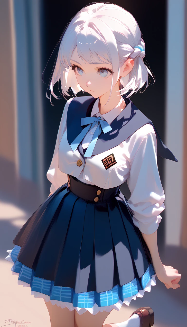 (((masterpiece, best quality, ultra detailed))), cowboy shot, 1 beautiful girl, sailor suit, navy blue plaid skirt, detailed pantyhose, JK, standing, (delicate silver hair:1.3), flipped short hair, detailed beautiful face, detailed eyes, (heterochromia), ((blue eye and yellow eye)), dramatic lighting, summer sky, sun light
