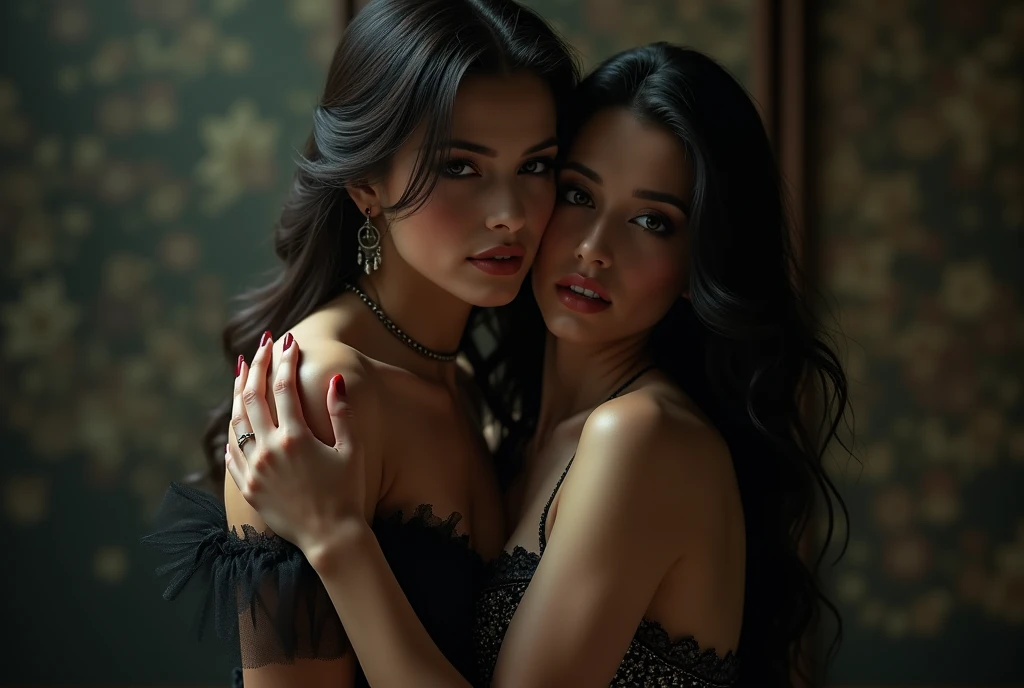 masterpiece photo, ((retro vintage)), photography, ((1940s vibe)), year 1930, 40 years old Bettie page kissing a black woman, (( grabbing her hair strongly from behind, kind of a fight)), vintage white sleeveless dress, (( leather white gloves)), long sleeves, wavy hair, black long maxi-skirt(black long maxi-skirt:1.2),hd, color image, short hair, winter, brunette, smile,at night in a forest,, ultra realistic, art conceptuel, elegant, Very detailed, complexe, sharp Focus, depth oF Field, F/1. 8, 85mm, (((proFessionally color graded))), bright soFt diFFused light, (volumetric Fog), tendance sur Instagram, hdr 4k, 8K