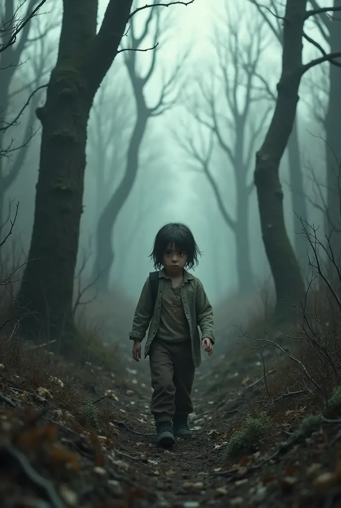 Show me a desolate forest landscape where there is a confused and terrified child