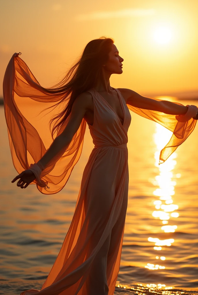 A perfect shot of a woman in a long yellow dress, coming out of the water, View from the lake bottom, Watching the setting sun with arms elegantly outstretched, She closed her eyes, Her lips were closed and her legs were stretched out. Her hands are spread out to the sides.. perfect face, perfect hands, ultra-realistic, perfect style, epic, realistic, CinemaScope, No nudity, Transparent clothing is prohibited.,With your back to the camera