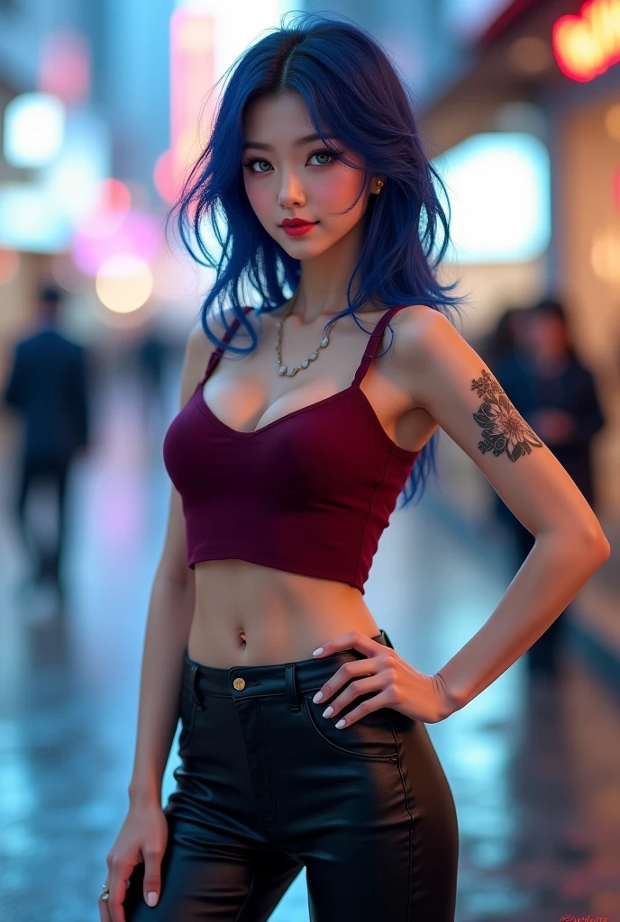 A beautiful young woman, aged 28, long rainbow colored hair, sapphire blue eyes that shine like gemstones, curvy figure, wearing a black cropped t-shirt with a floral pattern, wearing low rise dark purple jeans, colorful city background with neon, nighttime, blood red moon in the sky, neon smoke