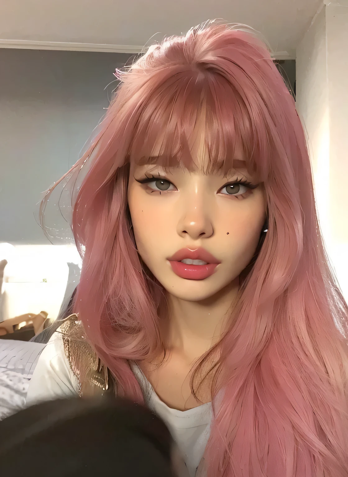 ((Best quality, 8k, Masterpiece :1.3)), Sharp focus :1.2, Perfect body beauty: 1.4, Slim abs: 1.2, ((pink blonde hair: 1.3, Big breasts: 1.4)), (Natural light, City street: 1.1 ), highly detailed facial and skin textures, detailed eyes, double eyelids, (((Gray hoodie revealing cleavage: 1.6, black sports bra :1.3 , pink eyeshadow, white skin))), (((Dynamic Angle, pink diamond:1.2)))