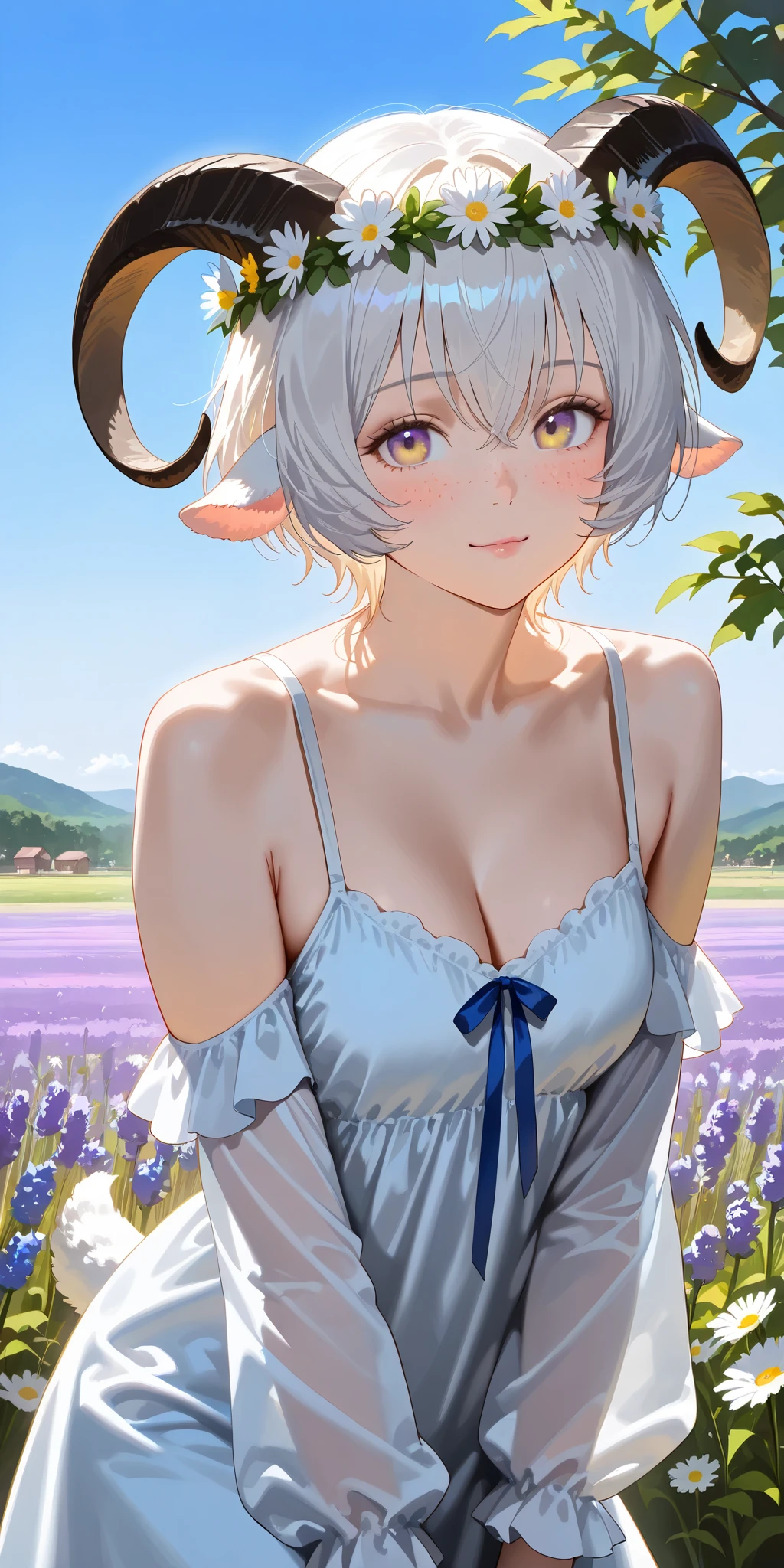 (High CT quality,4k,High resolution,mainpiece:1.2),(Very detailed,Realistic:1.37,Best quality,masterpiece, high resolution,on_body), (Tyndall effect,photorealistic, Edge lighting, Two-color lighting),(high definition skin:1.2), (8K UHD, DSLR quality, soft lighting, high quality, surround lighting, sincere, de 8K , 4K, 8K.) A village goat girl. white short goat horns grow on her head,little goat tail and fluffy goat ears.  she has white skin covered with blush and freckles.  She has short curly white hair and a bob haircut. She has yellow-purple eyes. She is wearing a white sundress with an open neckline and breeches with long airy sleeves. She has a wreath of dandelions and daisies on her head.  Background : blue sky,a sunny day, in an endless field where many wildflowers such as dandelions, daisies, lavender, bluebells and cornflowers bloom.