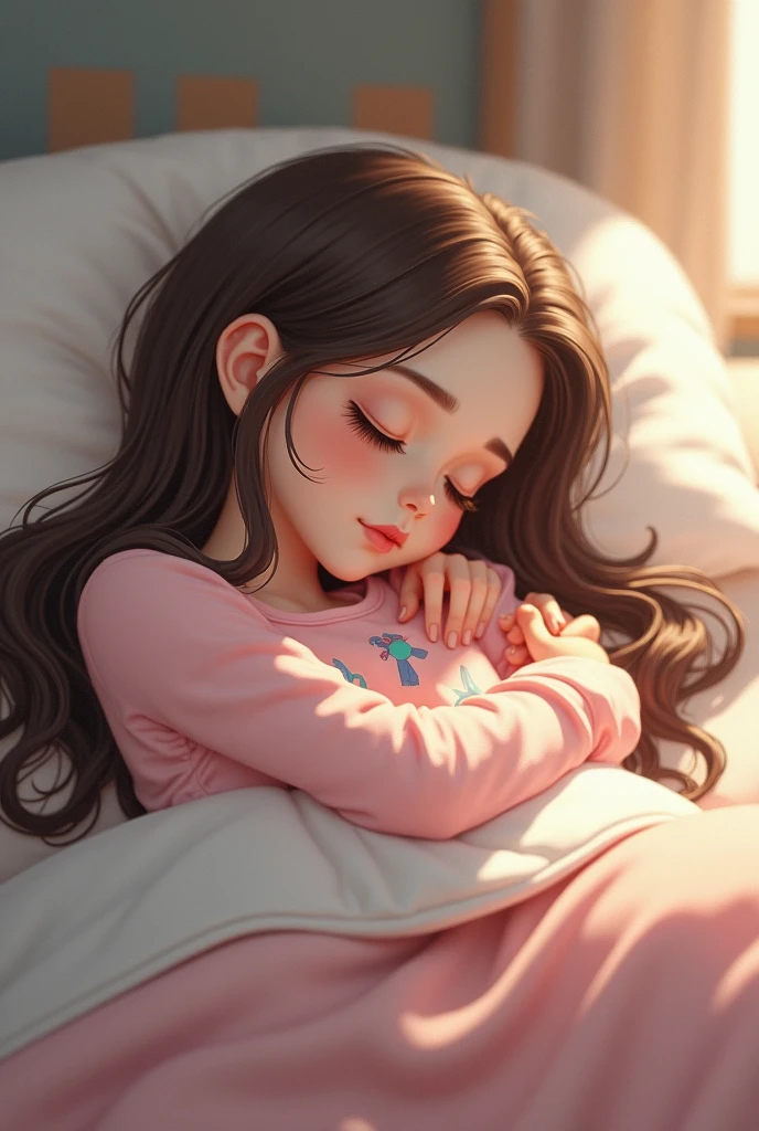 (estilo pixar 1.25) Portrait of a little girl sleeping She has black hair and a bangs is dressed in pink pajamas and with the blanket and a teddy bear on the side