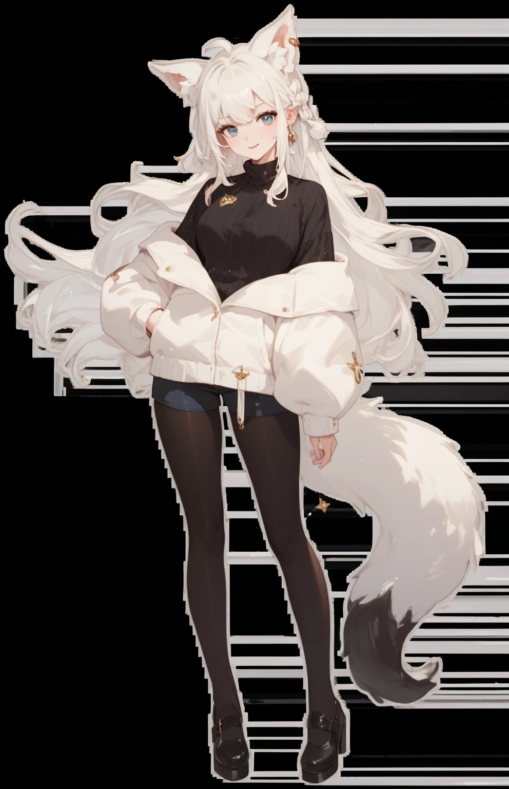 wolf girl white hair white wolf ears maximum resolution eyes Gold and black t-shirt black pants and white wolf tail have two white slippers