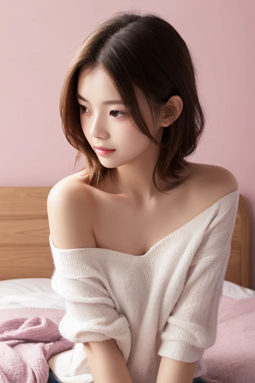 cute 21 year old japanese、night、on the bed、sweat pajamas、Cute colorful pajamas、super detailed face、An eye for detail、double eyelid、beautiful thin nose、sharp focus:1.2、Beauty:1.4、(light brown hair、short cut hair、white skin、highest quality、masterpiece、ultra high resolution、(Photoreal:1.4)、B cup breasts、