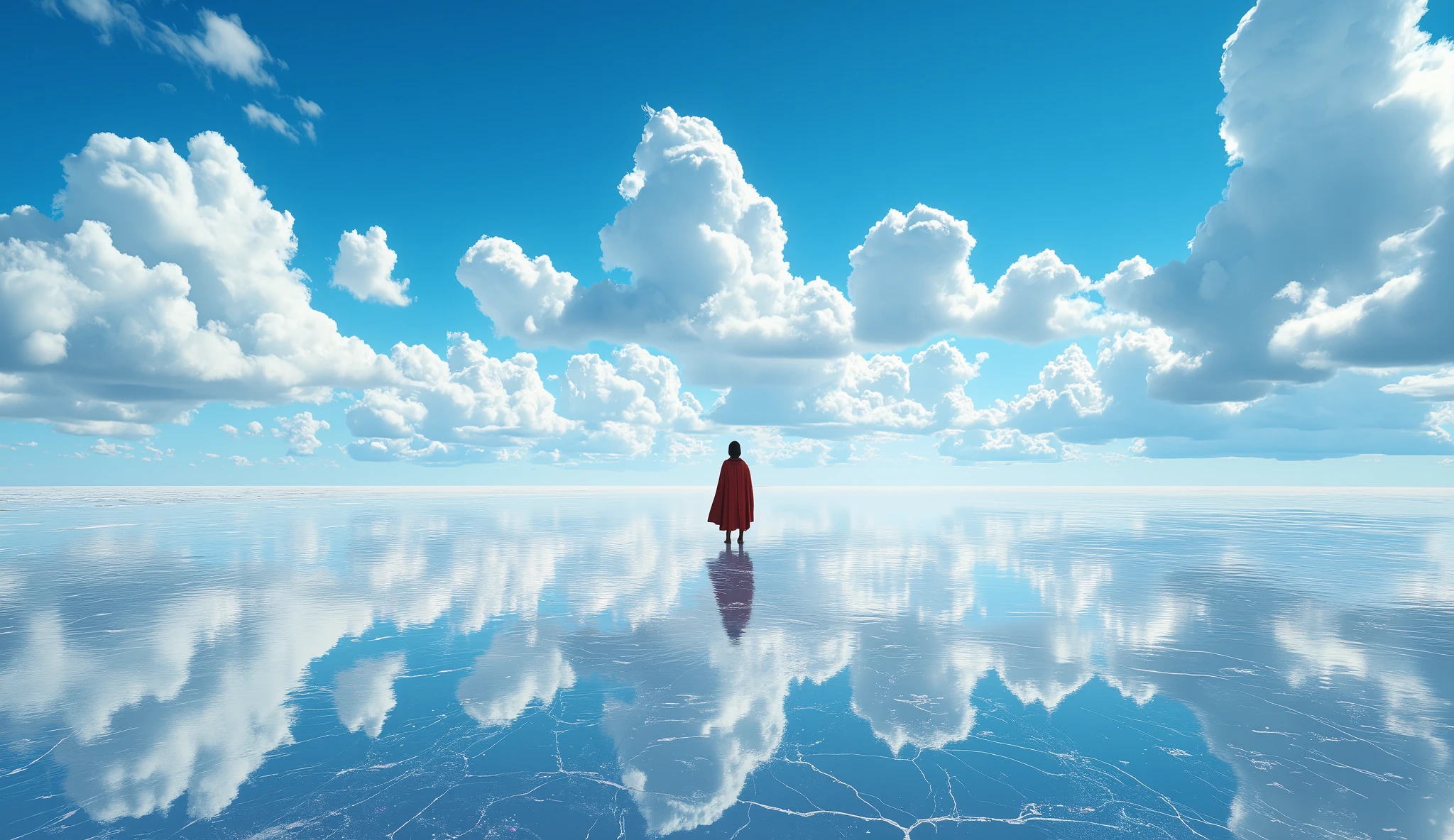 The flawless salt marsh horizon cuts a perfectly symmetrical world, the clear blue sky dips the entire dome with 120% saturation, the marshmallow clouds form an infinite cycle of ∞ symbols in the real sky and mirror reflections, the salt crystals refract diamond stardust-like spots on the surface, the tiny traveler in a red cloak stands at the golden section point of the picture, its reflection extends a surreal quadruple mirror dimension, the 12K sharpness of the cloud details hides the aurora-like iridescent refraction, cobalt blue and pearl white form the main color of cold and pure, The surrealist minimalist composition is adopted, the atmospheric perspective enhances the sense of spatial depth, and the light reflection intensity parameter is 1.2x