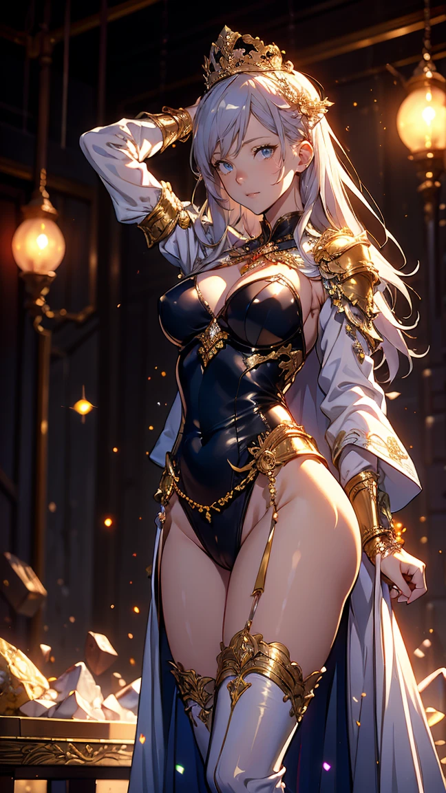 // behavior Yield to strange slimes, lying on her back, face up, (dripping a lot of strange gold fluids:1.6), covered with gold paintings whole body, ((torn costume:1.5)) BREAK //Character 1girl, sacred fighter, cheerful girl who has supernatural power, slim and soft, medium large breast, ultra detailed face, super cute, innocent, round face, thin eyeblow, sparkly pupils, translucent skin, smiling full of compassion, extra long hair, blonde hair, silver side colors, multi color hair, shaggy bangs, nape undercut, with tying side upstyle, BREAK //Fashion Her outfit is styled with images of sacred fighter, gladiator outfit, it consists full body cloth suit, (gladiator thongs with metal studs:1.5), leather boxing boots, (hard leather groin protector:1.4), (protector to protect temple and jaw especialy:1.6), Each piece of protector has a beautiful sparkly jwelry attached to it, The armor was worn and scarred, a testament to the many battles he had fought, The leather was patched and torn, the metal was dented and scratched, But even in its worn condition, the armor still exuded a sense of power and strength, It was clear that this gladiator had faced many opponents and emerged victorious, BREAK //LOCATION ancient battle arena