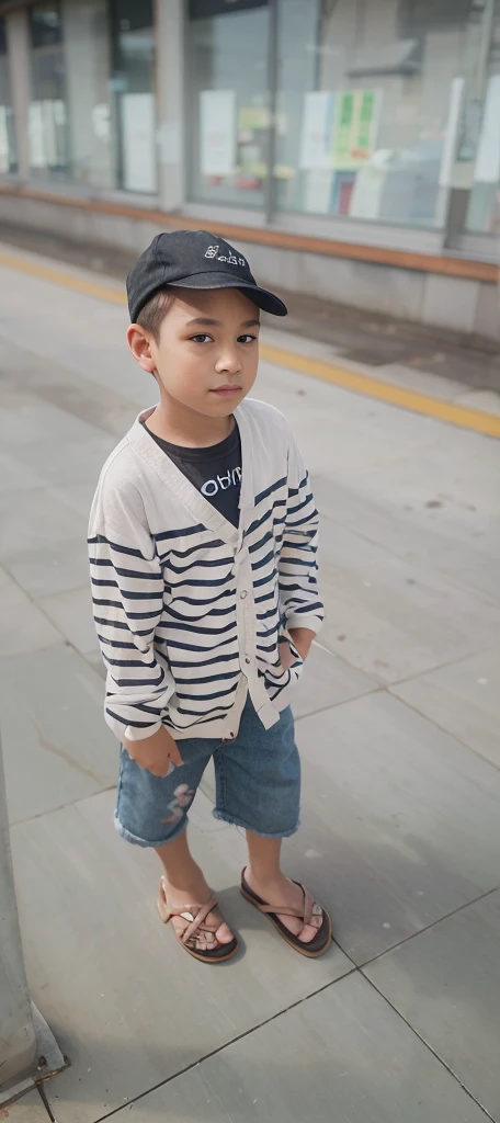 A boy wearing a striped rugby shirt, denim shorts, a leather belt, and sneakers.