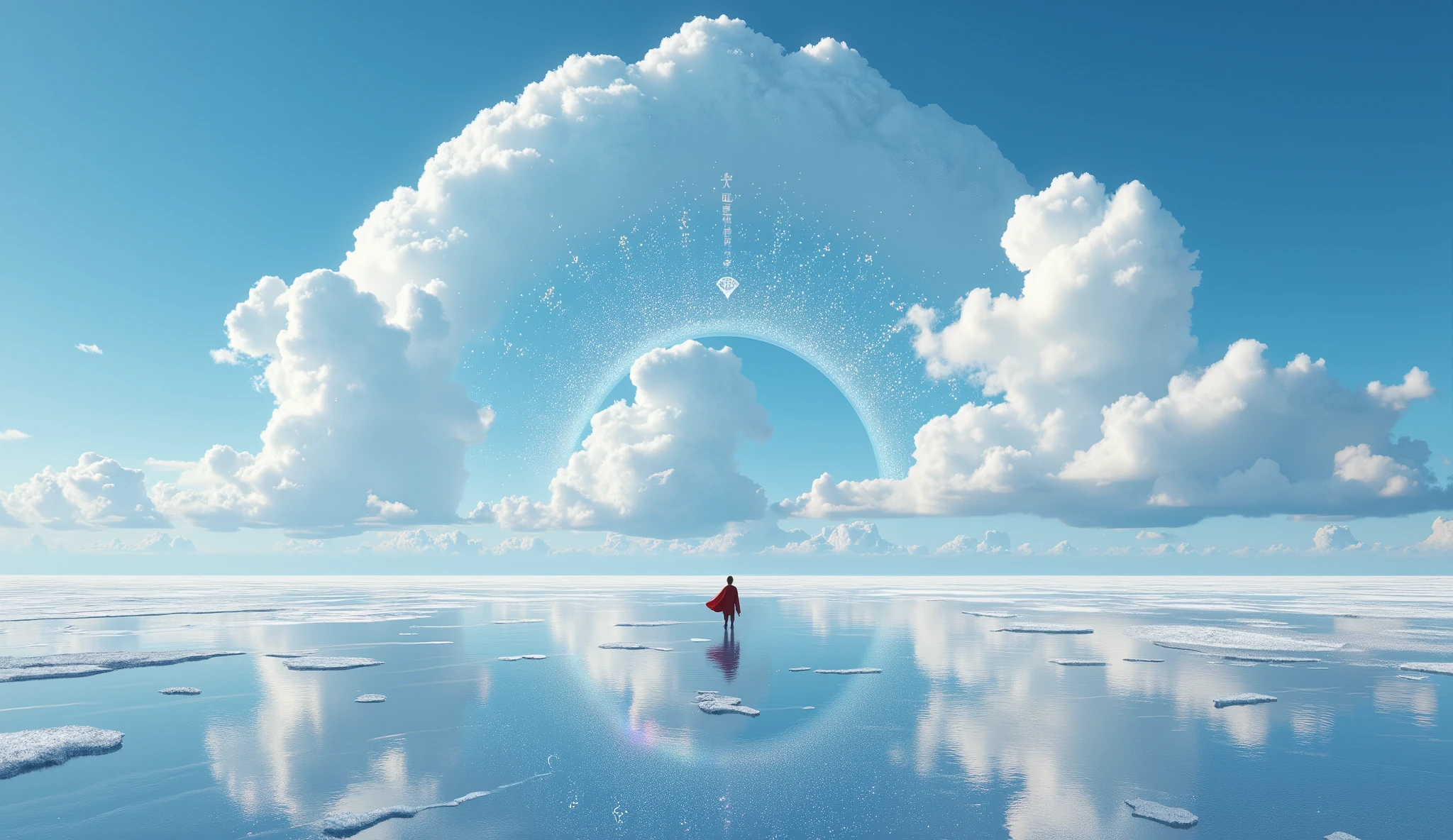 The flawless salt marsh horizon cuts a perfectly symmetrical world, the clear blue sky dips the entire dome with 120% saturation, the marshmallow clouds form an infinite cycle of ∞ symbols in the real sky and mirror reflections, the salt crystals refract diamond stardust-like spots on the surface, the tiny traveler in a red cloak stands at the golden section point of the picture, its reflection extends a surreal quadruple mirror dimension, the 12K sharpness of the cloud details hides the aurora-like iridescent refraction, cobalt blue and pearl white form the main color of cold and pure, The surrealist minimalist composition is adopted, the atmospheric perspective enhances the sense of spatial depth, and the light reflection intensity parameter is 1.2x