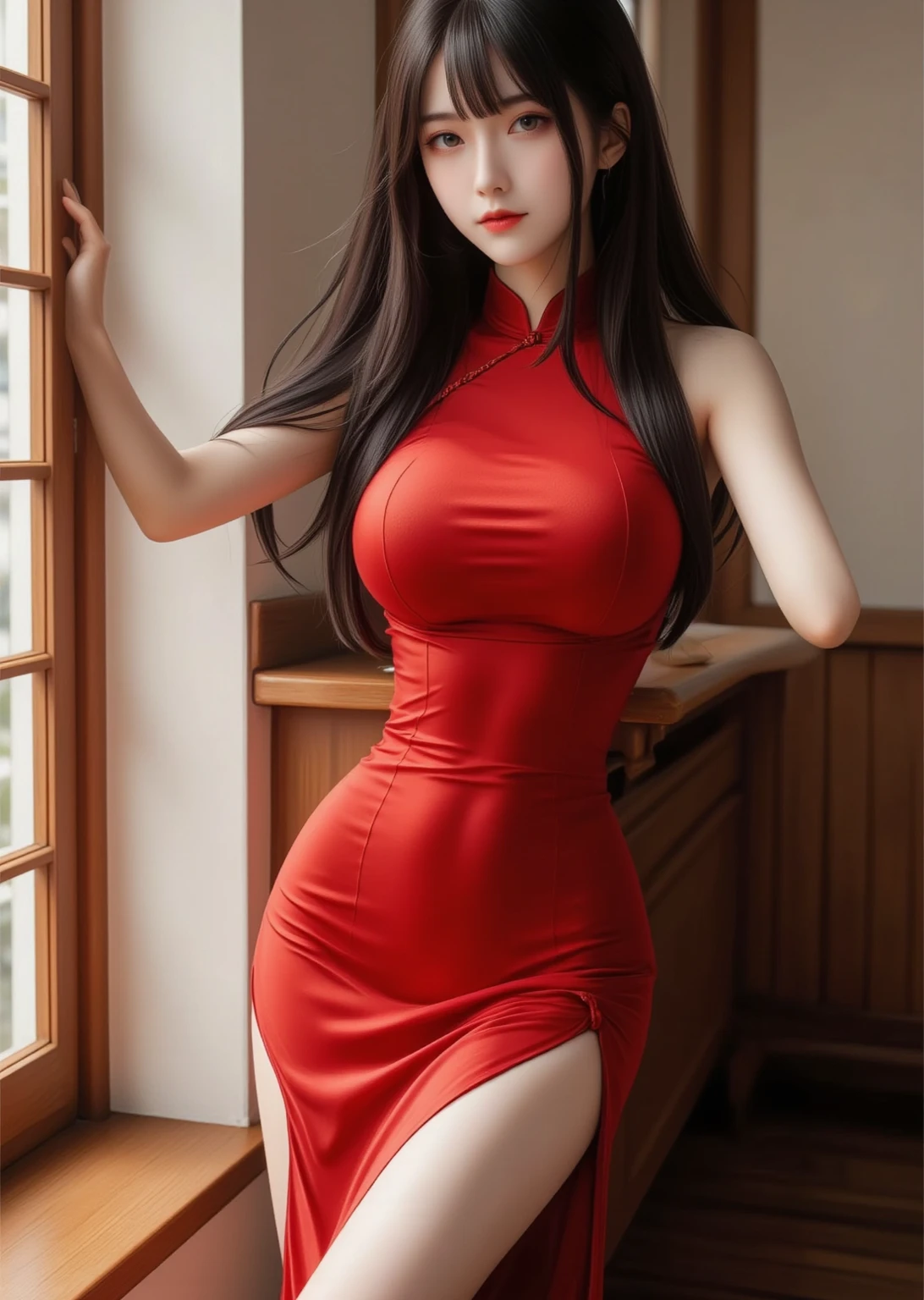 a raw 4k ultra HD photo of a young woman, named Red, with tight, glistening skin, small pores, rosy cheeks, thick thighs, a narrow waist and rib cage, waist length red hair, wearing a short, tight, chinese style dress highly detail, high definition skin texture, defined facial features, high resolution in a seductive pose, red333