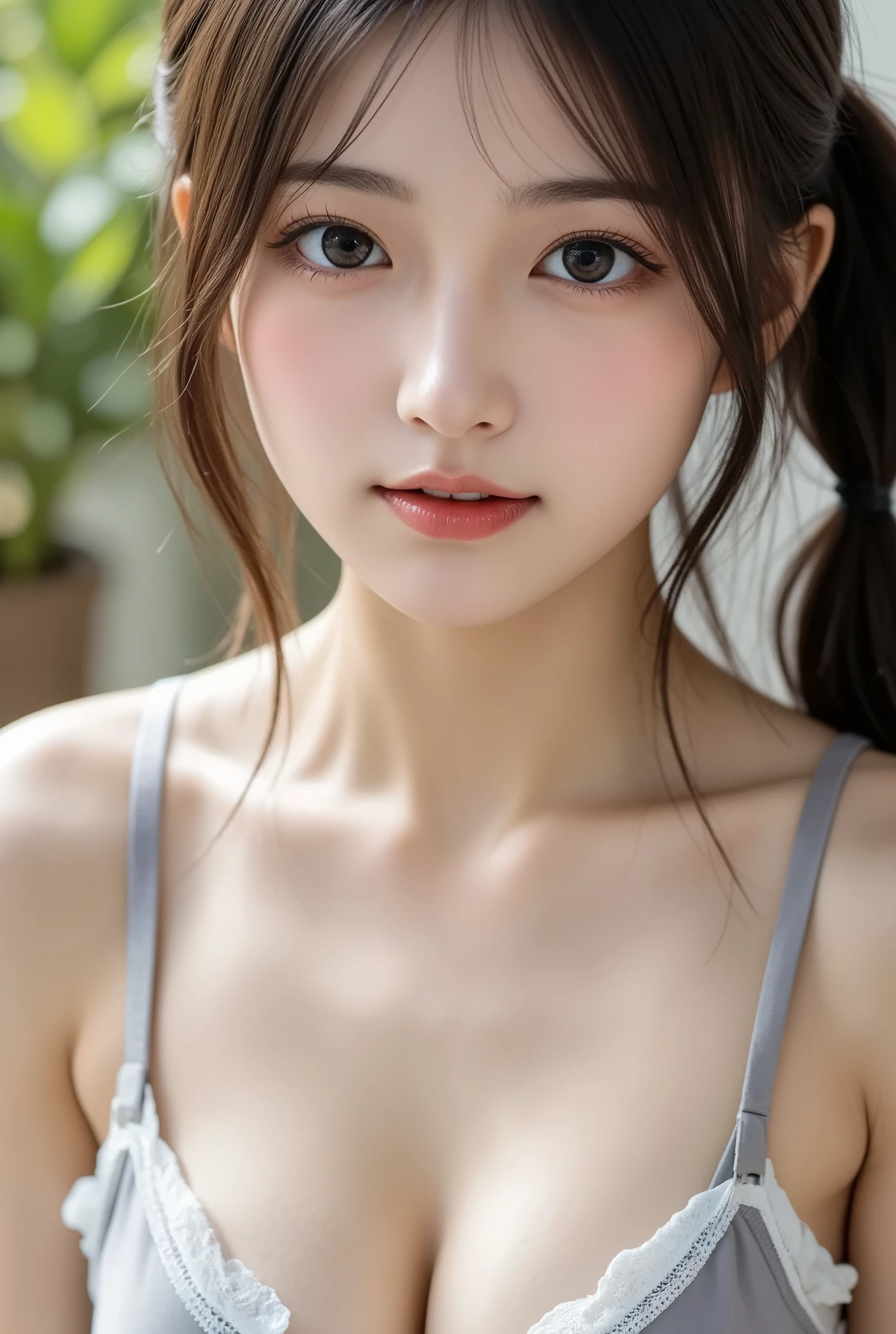 (at bedroom, 1 girl, small breasts, medium long hair, Braided hairstyle, white bra:1.5), fair-skinned, glossy lips, skinny, body type, delicate and sexy clavicle, highest quality, RAW photo, realistic, face, incredibly ridiculous beautiful girl, cute, Depth of bounds written, High resolution, ultra detail, detailed, Very detailed, extremely detailed eye and face, sharp pupils, sharp focus, Moody Lighting