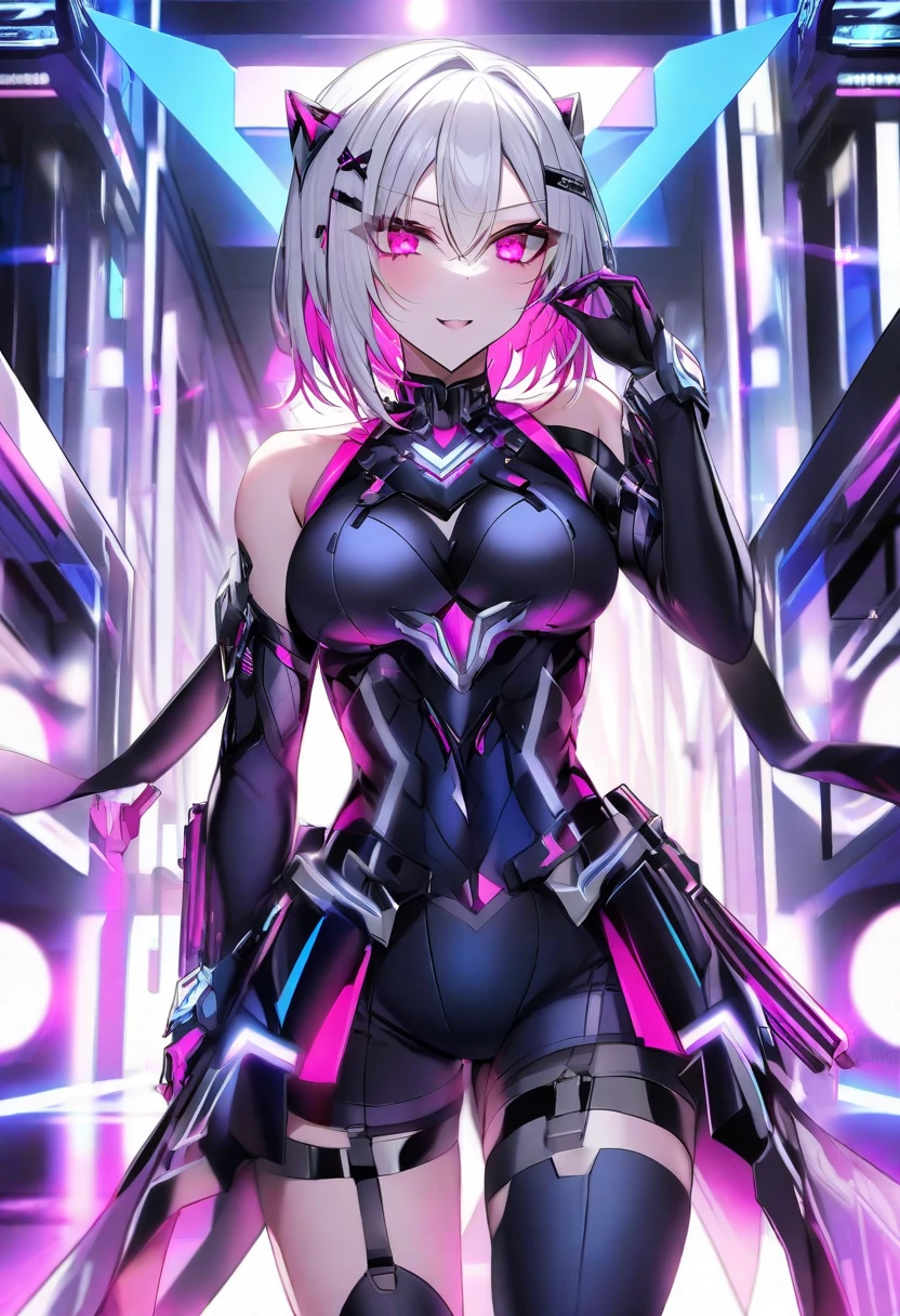 Android Girl,white hair,short and messy hair, purple neon eyes, Holding a chain whip, chains on the hands, circular chains over body, cute, skirt, white blouse, cyberpunk style, eletronic gloves, mecanic parts, eletronic details,living room background.HD lighting and dark )(epic image quality) dark atmosphere with bright particle light(many effects in background), fullbody shot, robot, neon tweaks, cyberpunk theme
