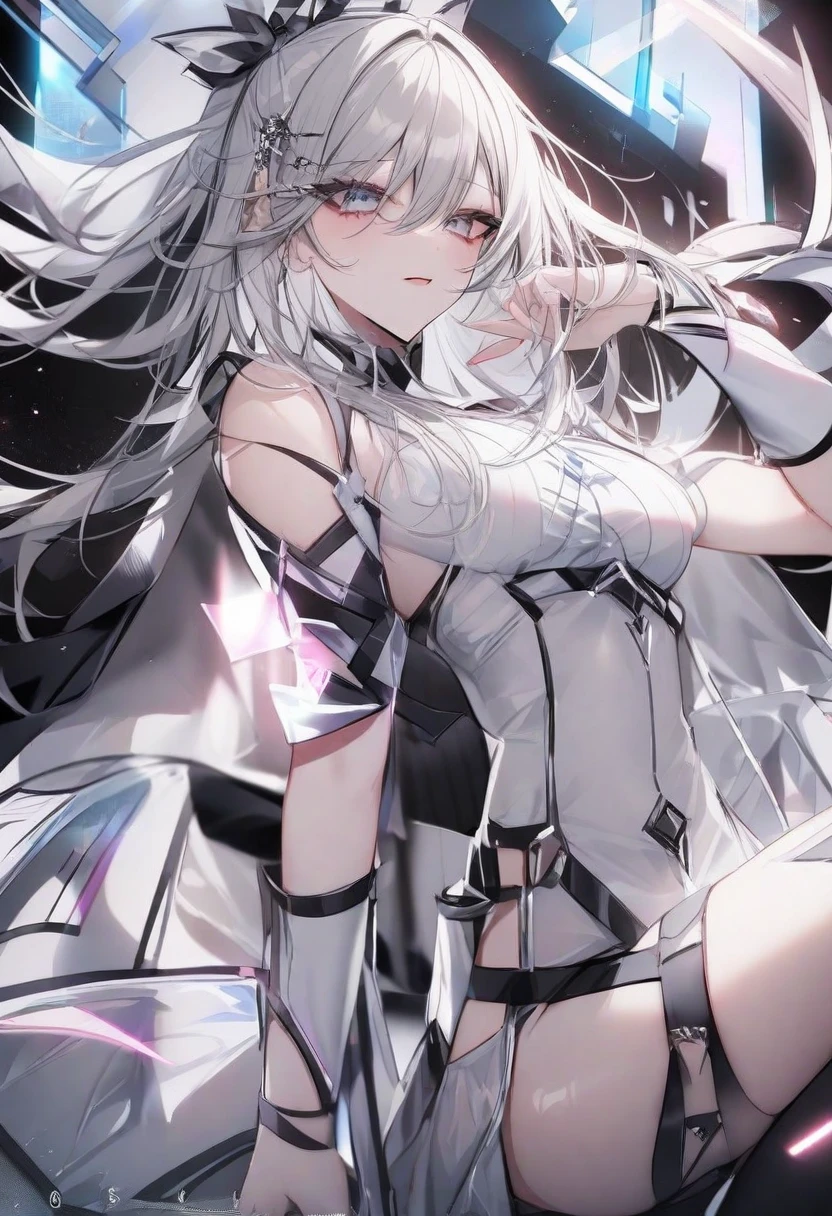 With dark forest background，Light purple gradient hair,asymmetrical hair,（（Thick hair 1.8，Clear head outline 1.6））， Shoulder-length hair, messy hair, Very long hair, shiny hair，(long gray hair:1.2),A beautiful girl，（White Hoodie, Black skirt，Navel，Bare shoulders，Blue tie）(Separate sleeves,Wide sleeves),(Fingerless gloves)，（Transparent clothes transparent 1.8），Perfect body，，(Looks sad，Looks haggard ，Grief，shut your mouth：1.2） ，Upper body photo。