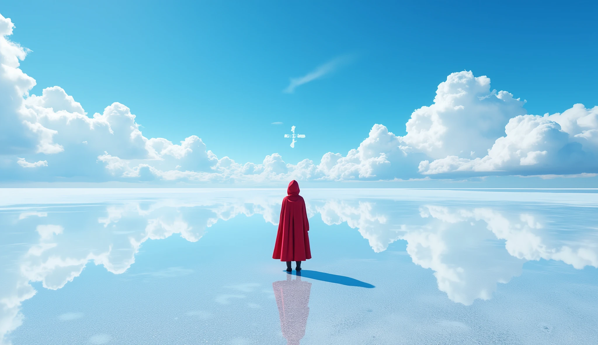The flawless salt marsh horizon cuts a perfectly symmetrical world, the clear blue sky dips the entire dome with 120% saturation, the marshmallow clouds form an infinite cycle of ∞ symbols in the real sky and mirror reflections, the salt crystals refract diamond stardust-like spots on the surface, the tiny traveler in a red cloak stands at the golden section point of the picture, its reflection extends a surreal quadruple mirror dimension, the 12K sharpness of the cloud details hides the aurora-like iridescent refraction, cobalt blue and pearl white form the main color of cold and pure, The surrealist minimalist composition is adopted, the atmospheric perspective enhances the sense of spatial depth, and the light reflection intensity parameter is 1.2x