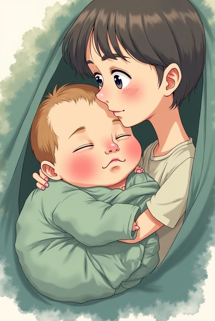 The red-haired man holds his baby for the first time wrapped in a blue blanket, the newborn crying baby in anime style