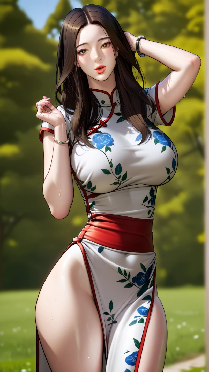 ((Best quality at best)),China-style，Beside the bamboo forest，Sunlight shines through the gaps in the bamboo leaves onto the sea of flowers，Look at the flowers，A woman carries a jug of wine，Walk through the bamboo forest，Side close-up，Lace gloveig breasts，