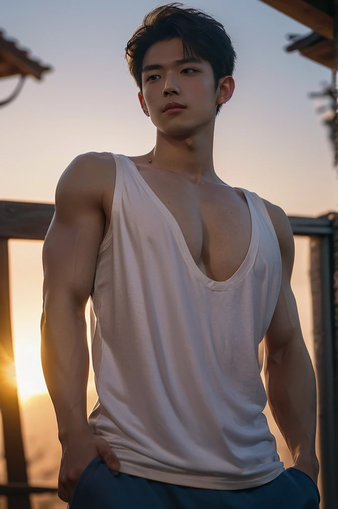 Masterpiece, Best Quality, Solo, Korean Men, bodybuilder, Muscular body, big muscle, Natural eyes, Short and delicate hair, Sexy Man, looking up at viewer, Triangle Men's Swimwear, Standing, Muscular posture