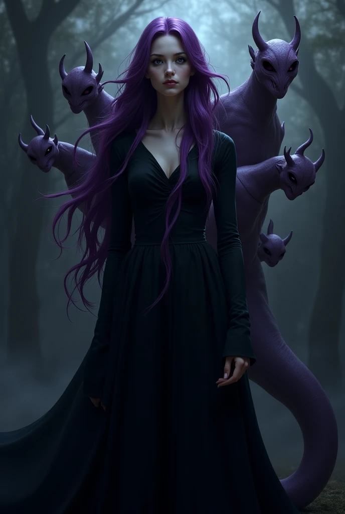Ghost, (monster girl), purple skin, spikes, spiky purple hair, a fanged grin, floating hands, dressed in a dark-purple dress, floating in midair, masterpiece, best quality